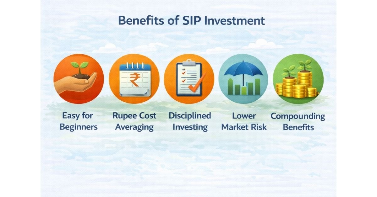 Benefits of SIP investment including easy for beginners, rupee cost averaging, disciplined investing, lower market risk and compounding benefits