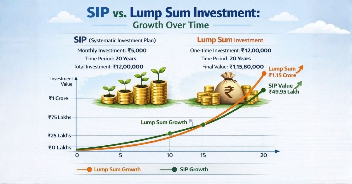 Example showing how SIP and lump sum investments grow over time in rupees